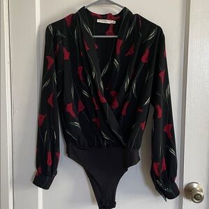 Black Bodysuit with Red Floral Pattern